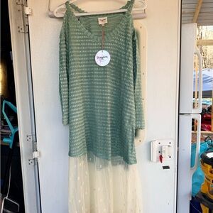 Hayden Sage Green Open-Knit Cold-Shoulder Sweater Dress with Cream Sheer Skirt